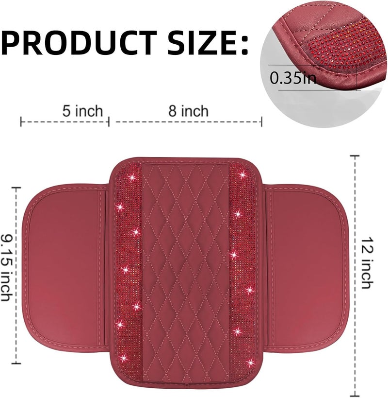 NBTEPEM Bling Burgundy Red Car Center Console Cover, Leather Car Arm Rest Cover with 2 Storage Bags, Universal Auto Armrest Protector Storage Box, Bling Accessories Interior for Most Vehicles - Image 2